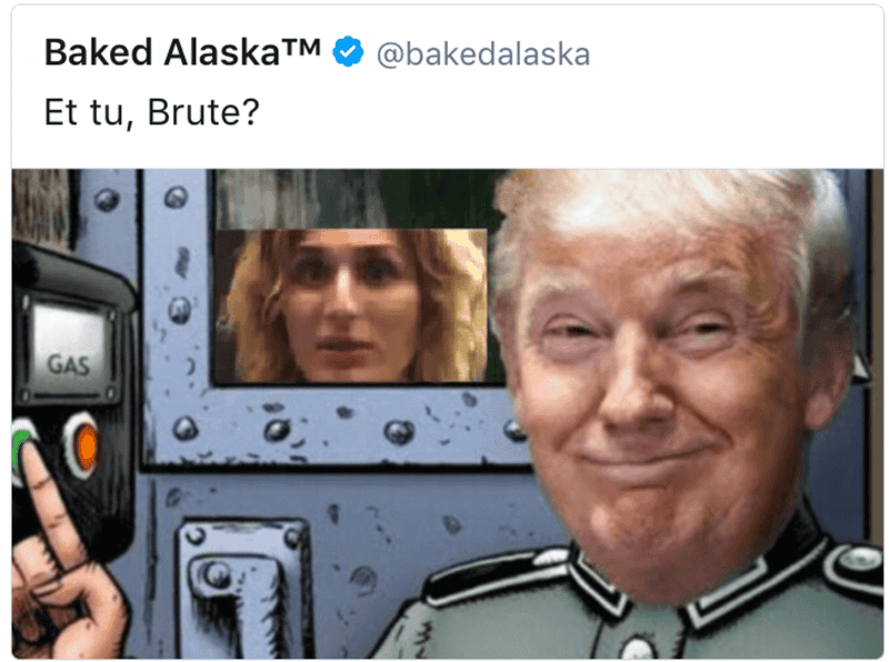 An image posted by Baked Alaska of a Jewish member of the alt-right in a gas chamber with President Trump administering the gas (Twitter)